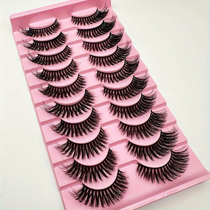 10 Pairs 8D Fluffy Faux Mink Cat Eye False Eyelashes - D Curl, Mixed Styles, 13mm-18mm, Self-Adhesive & Reusable with Glue