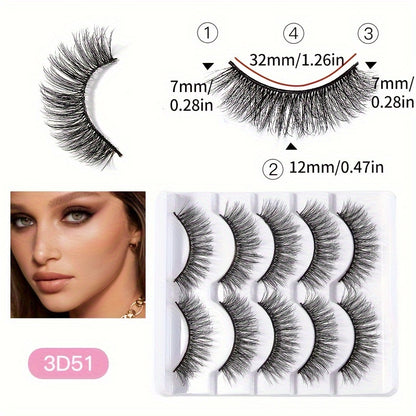 5 Pairs Natural Strip Lashes, 3D Volume Faux Mink, C Curl, Fluffy Cat Eye, Soft Curly, Flared Wing Tips, Reusable, Looks Like Extensions for Daily Use