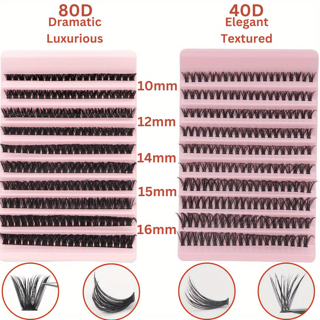 80D/40D Mixed Cluster Eyelash Extensions, 0.07mm, Russian DD & C Curl, 10-16mm, Self-Adhesive, Beginner-Friendly, Reusable False Eyelashes Kit