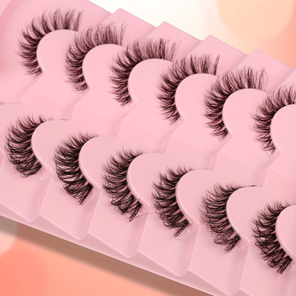 7 Pairs of Faux Mink Cat Eye Eyelashes - Ultra-Soft, Thick, Curly Design with Transparent Stem for a Natural Look - 12mm Length, Ideal for Daily Wear and Romantic Dates