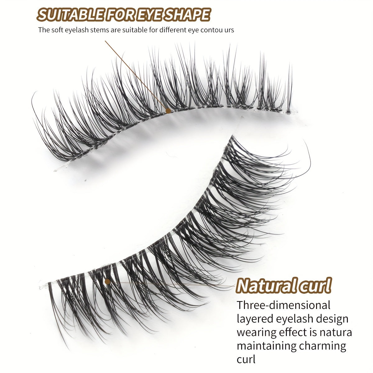 CURSAVELA 5 Pairs Natural Long Eyelashes - Transparent Stem, Fluffy & Curled, Eye-End Elongated