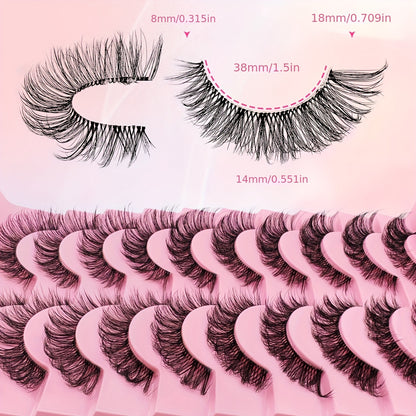 10 Pairs False Eyelashes Set - Cat Eye Russian DD Curl, D Curl, 16-18mm Fluffy Lashes, Natural Look Clear Band Faux Mink with Extended Outer Corner