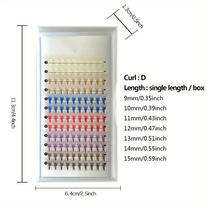 Colorful 10D Volume Fan Eyelash Extensions - 120 Clusters, Pointed Base, Easy-to-Apply & Reusable, Ethically Made, D-Curl, Mixed Colors (Yellow, Blue, Purple, Brown).