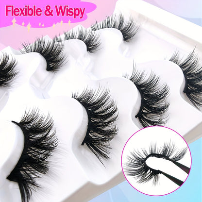 5 Pairs Half Lashes 16mm Natural Look Wispy Cat-Eye Lashes - Fluffy Soft 3/4 Corner Elongated Faux Mink Strip Lashes Set