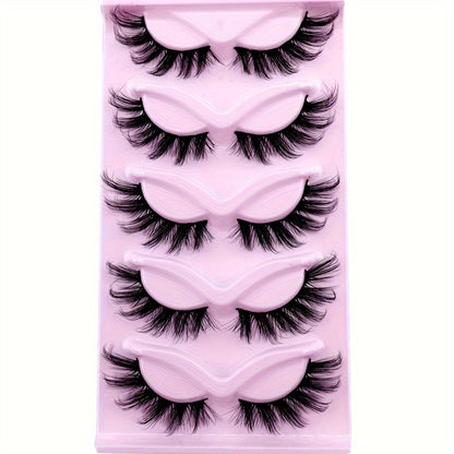 5 Pairs Cat-Eye 3D Faux Mink Eyelashes, Curling Winged Natural Realistic Messy End Elongated Thick False Eyelashes, Soft Fake Lashes