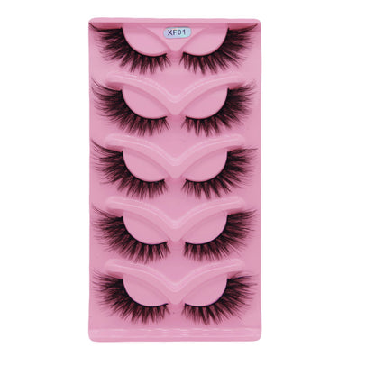 5-Pair Set 3D Cat Eye Fox Style False Eyelashes, Vintage Slanted Fluttering Design, Natural, Dense, Curled, Faux Lashes