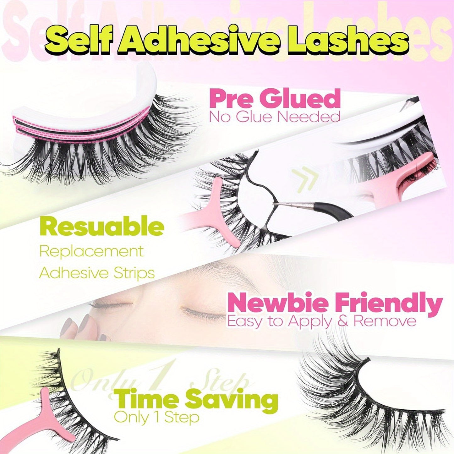 5 Pairs of Self-Adhesive Eyelashes in Various Styles - Natural Look, Wispy, Reusable Lightweight False Eyelashes, Pre-Glued, Beginner-Friendly.