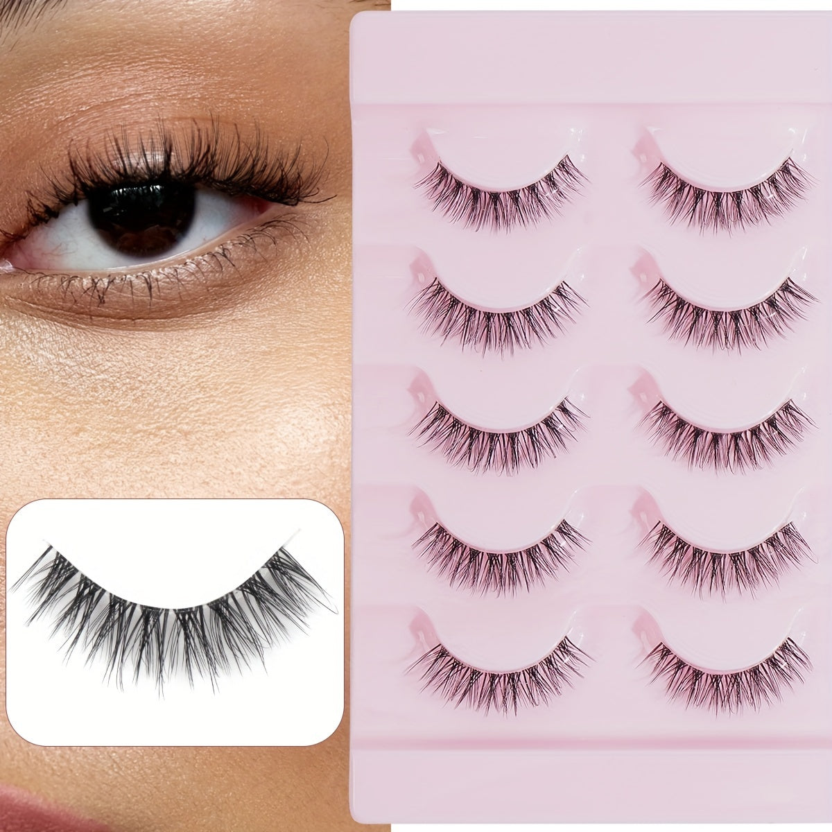 CURSAVELA 5 Pairs Natural Long Eyelashes - Transparent Stem, Fluffy & Curled, Eye-End Elongated