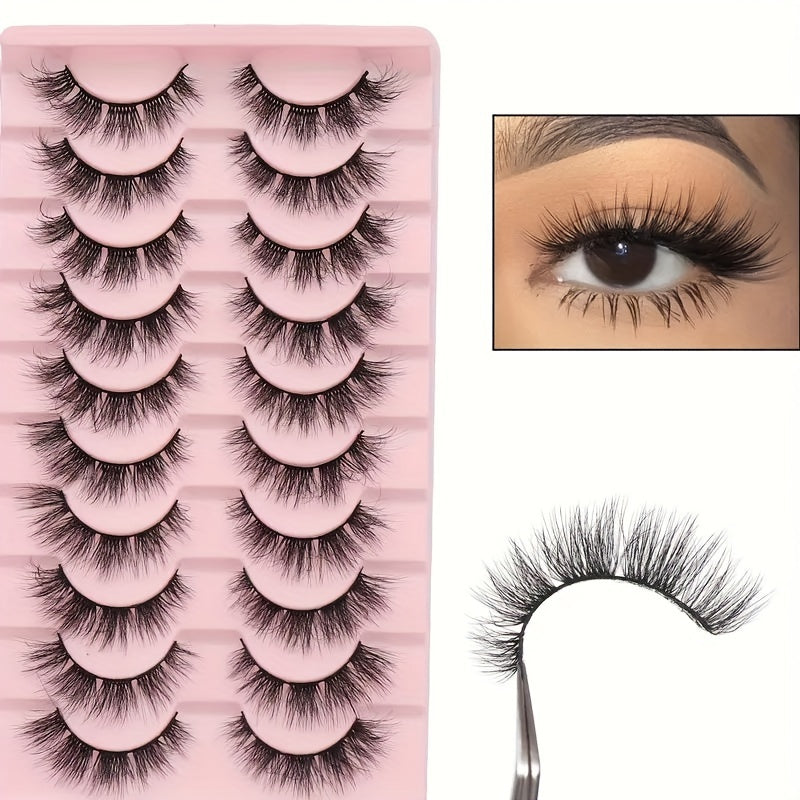 10 Pairs of Thick Cat Eye False Eyelashes - Natural Look, Fluffy, Handmade, Perfect for Daily Makeup.