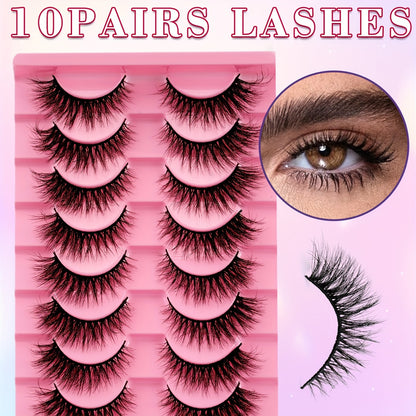 10 Pairs Fluffy Faux Mink Eyelashes Set - 0.07mm Thickness, D Curl, Multi-Length 6-15mm, Self-Adhesive, Reusable for Cat Eye & Natural Style.