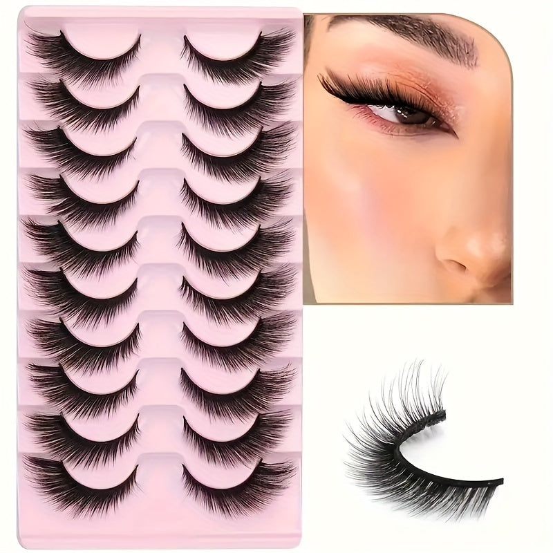 10 Pairs of Fluffy 8D Faux Mink Eyelashes - Lightweight & Comfortable, Hypoallergenic Cat Eye Style for Natural Look and Dramatic Volume.