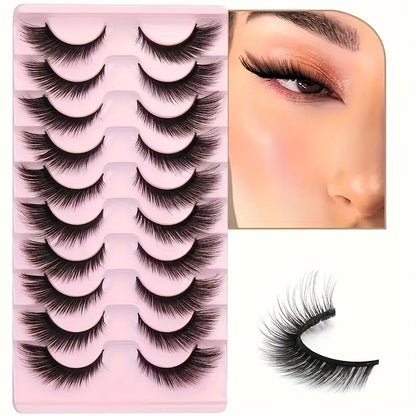 10 Pairs of Fluffy 8D Faux Mink Eyelashes - Lightweight & Comfortable, Hypoallergenic Cat Eye Style for Natural Look and Dramatic Volume.