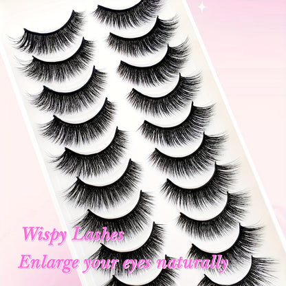 10 Pairs Cat Eye False Eyelashes - Fluffy Volume C Curl Faux Mink in 6-9mm, 10-12mm, 13-15mm, Perfect for Beginners, Reusable.