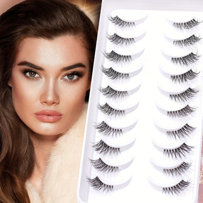 10 Pairs of Luxurious Wispy Half Lashes - Natural Look, Clear Band, Lightweight, Reusable, Perfect for Daily, Dating, and Party Makeup.