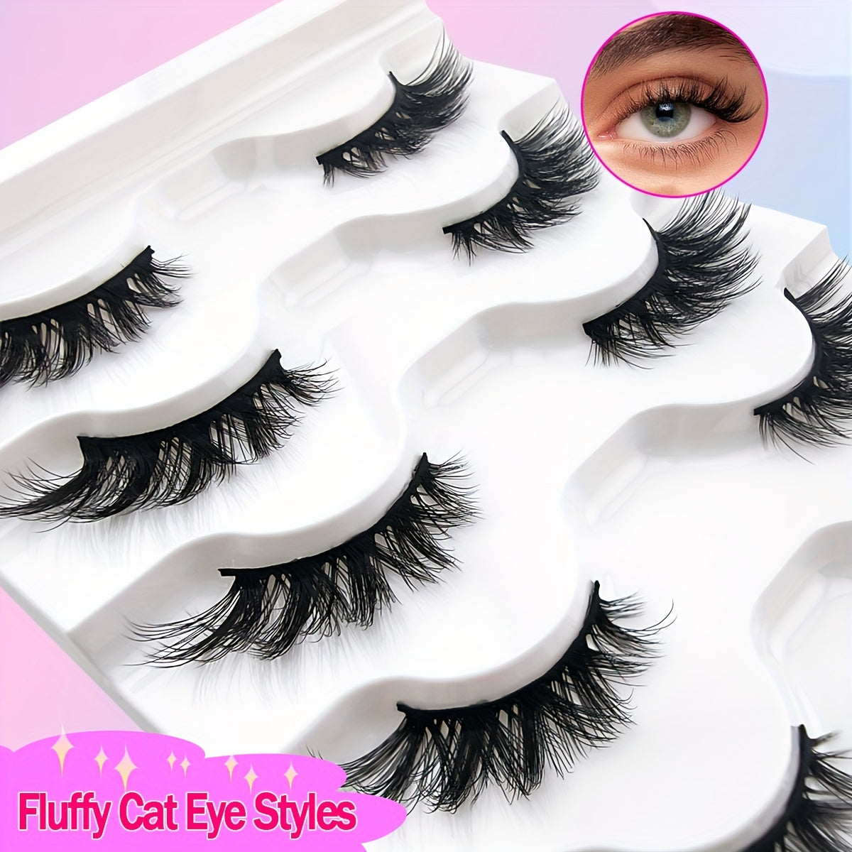 5 Pairs Half Lashes 16mm Natural Look Wispy Cat-Eye Lashes - Fluffy Soft 3/4 Corner Elongated Faux Mink Strip Lashes Set