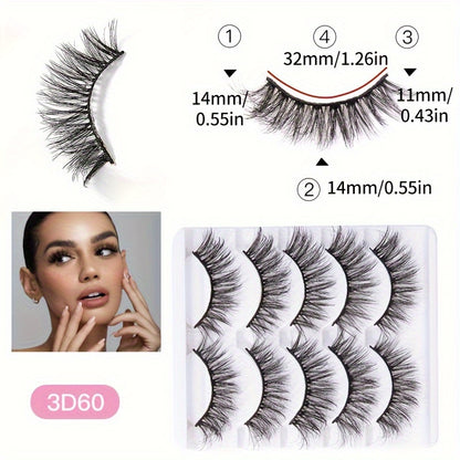 5 Pairs Natural Strip Lashes, 3D Volume Faux Mink, C Curl, Fluffy Cat Eye, Soft Curly, Flared Wing Tips, Reusable, Looks Like Extensions for Daily Use