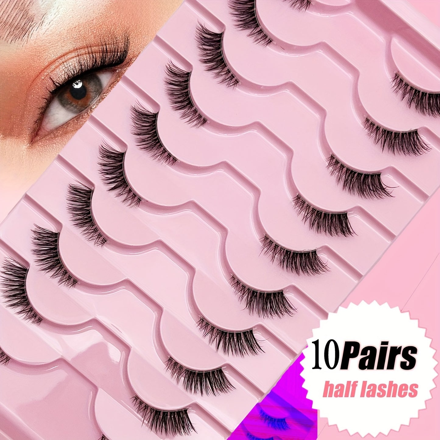 10 Pairs Soft Natural Cat Eye Lashes, Fluffy Fox Style, 6-9mm Length, Glue-Free, Beginner Friendly, Reusable.