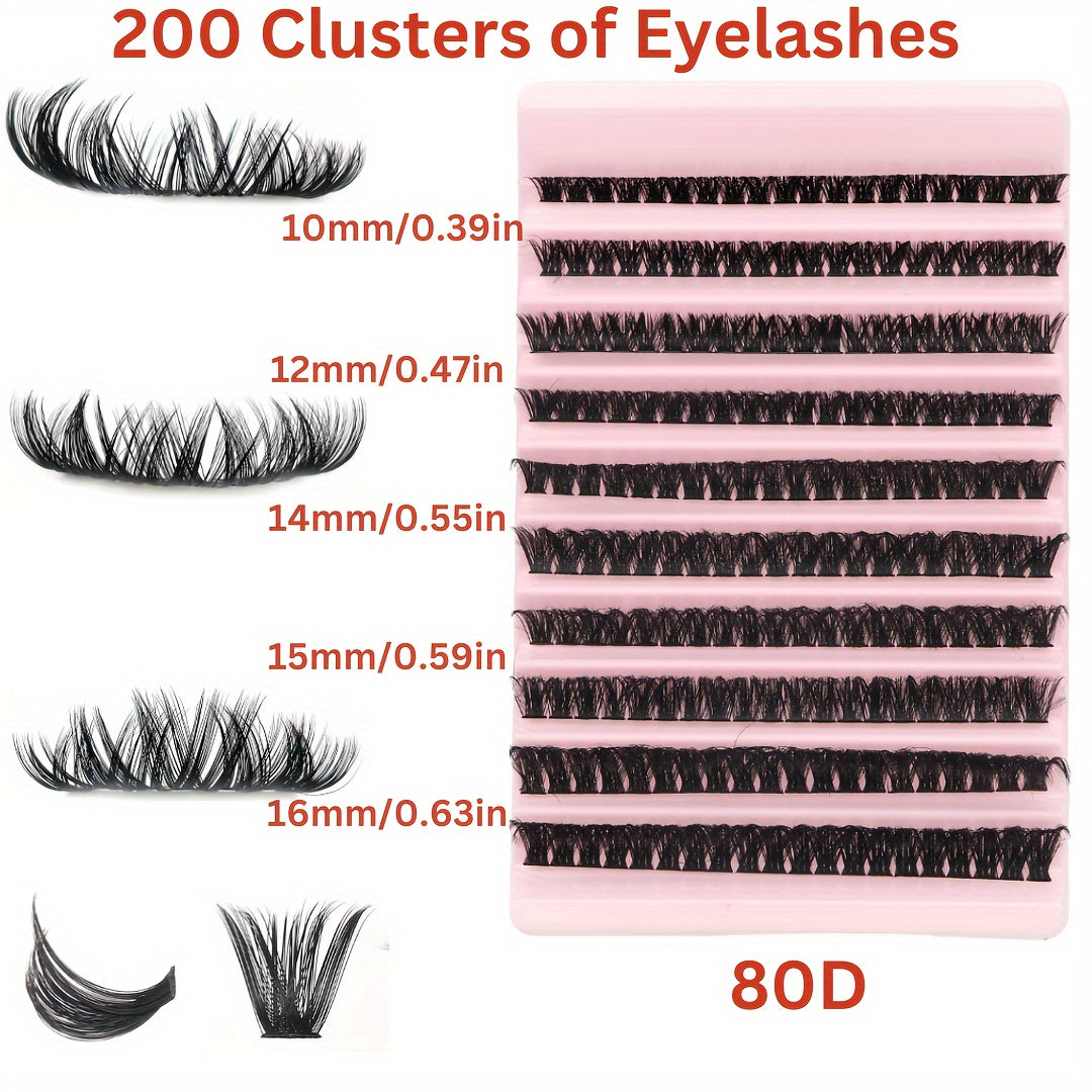 80D/40D Mixed Cluster Eyelash Extensions, 0.07mm, Russian DD & C Curl, 10-16mm, Self-Adhesive, Beginner-Friendly, Reusable False Eyelashes Kit