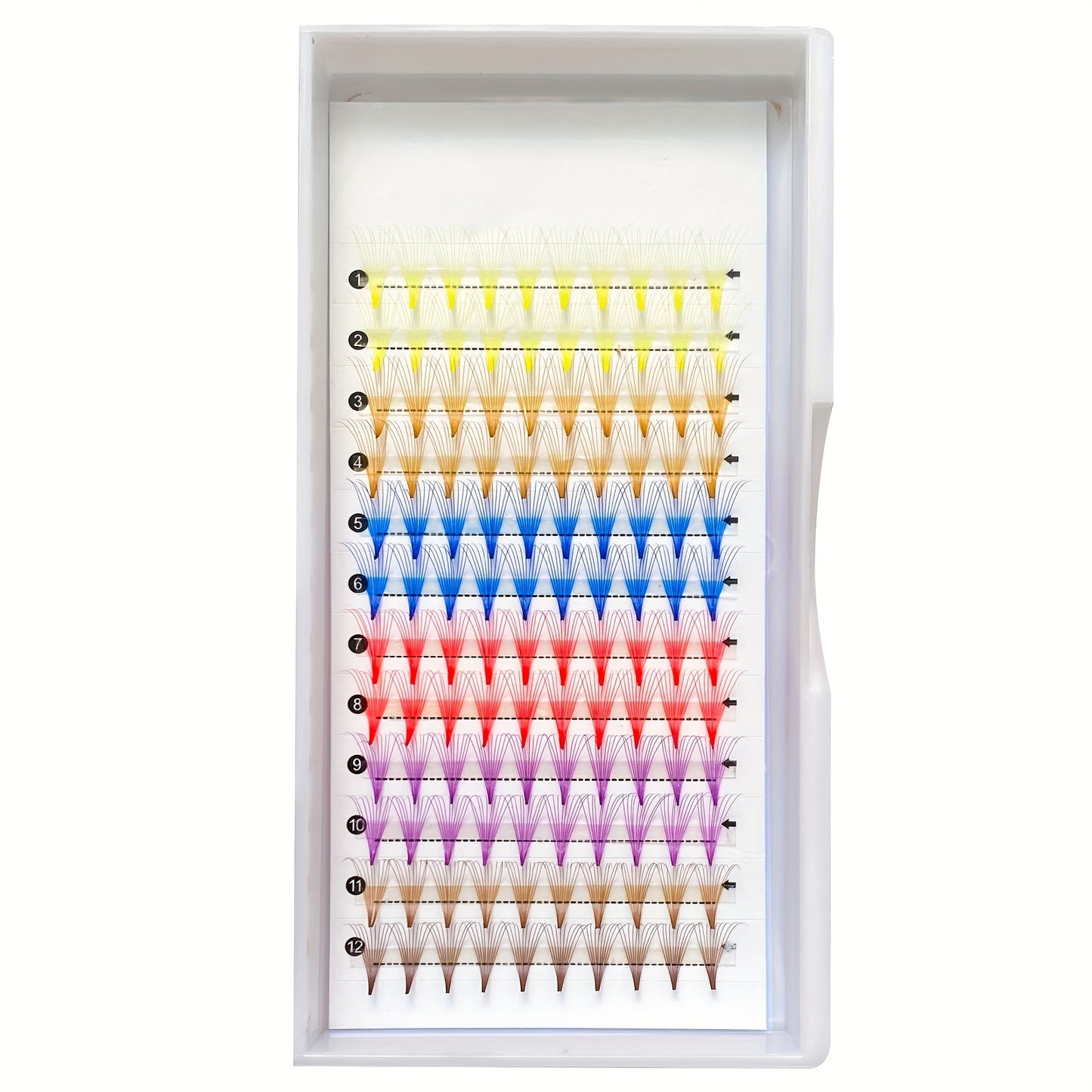 Colorful 10D Volume Fan Eyelash Extensions - 120 Clusters, Pointed Base, Easy-to-Apply & Reusable, Ethically Made, D-Curl, Mixed Colors (Yellow, Blue, Purple, Brown).