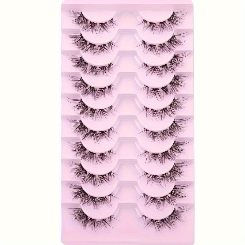 Cluster Lashes Natural Look, Wispy Manga Eyelash Extensions Strip, Cat Eye Lashes with Transparent Stem Short Anime Korean Makeup False Eyelashes (10 Pairs)