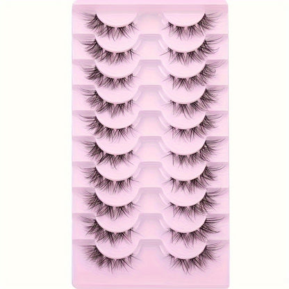 Cluster Lashes Natural Look, Wispy Manga Eyelash Extensions Strip, Cat Eye Lashes with Transparent Stem Short Anime Korean Makeup False Eyelashes (10 Pairs)