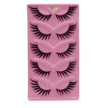 5-Pair Set 3D Cat Eye Fox Style False Eyelashes, Vintage Slanted Fluttering Design, Natural, Dense, Curled, Faux Lashes