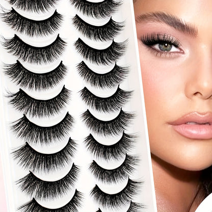 10 Pairs Cat Eye False Eyelashes - Fluffy Volume C Curl Faux Mink in 6-9mm, 10-12mm, 13-15mm, Perfect for Beginners, Reusable.