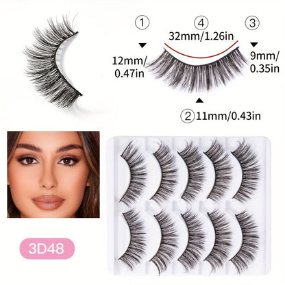 5 Pairs Natural Strip Lashes, 3D Volume Faux Mink, C Curl, Fluffy Cat Eye, Soft Curly, Flared Wing Tips, Reusable, Looks Like Extensions for Daily Use