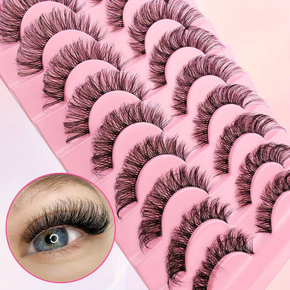 10 Pairs False Eyelashes Set - Cat Eye Russian DD Curl, D Curl, 16-18mm Fluffy Lashes, Natural Look Clear Band Faux Mink with Extended Outer Corner