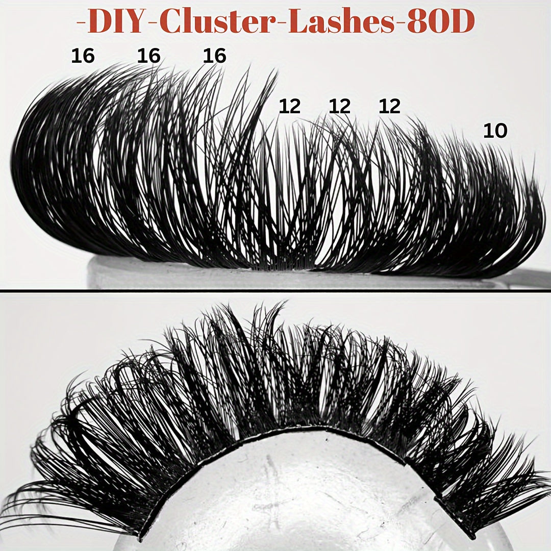 80D/40D Mixed Cluster Eyelash Extensions, 0.07mm, Russian DD & C Curl, 10-16mm, Self-Adhesive, Beginner-Friendly, Reusable False Eyelashes Kit